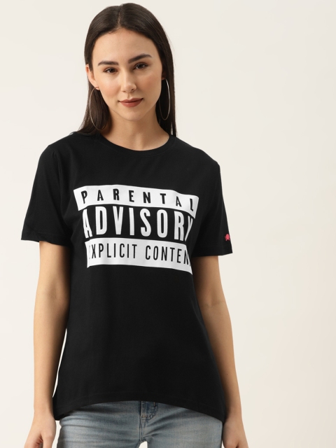 

PRINTOCTOPUS Women Black & White Pure Cotton Printed Round Neck T-shirt
