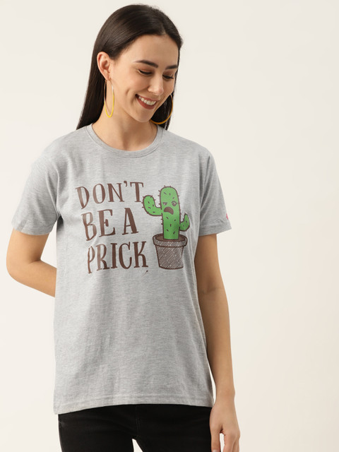 

PRINTOCTOPUS Women Grey Melange & Brown Printed Pure Cotton Round Neck T-shirt