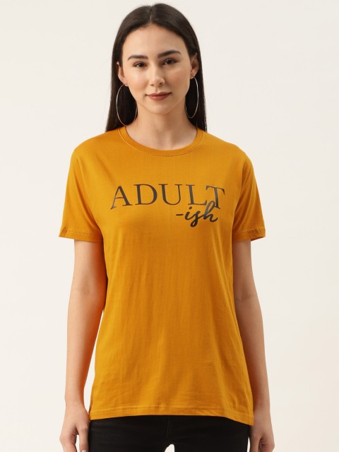 

PRINTOCTOPUS Women Mustard Yellow Printed Round Neck Pure Cotton T-shirt