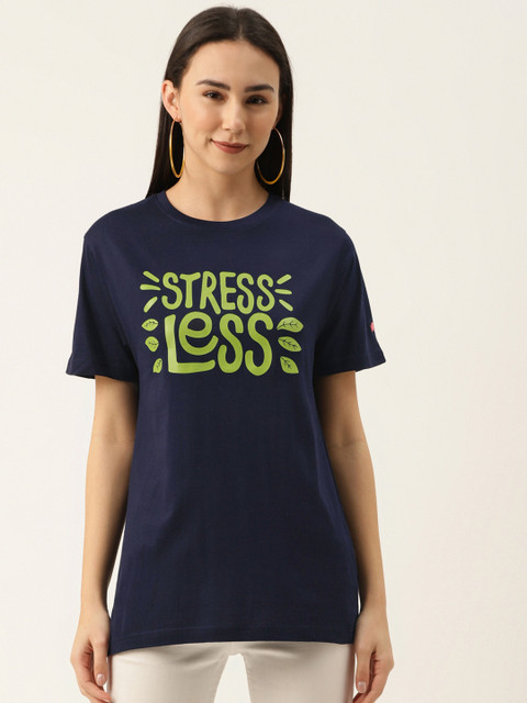 

PRINTOCTOPUS Women Navy Blue Printed Pure Cotton Round Neck T-shirt
