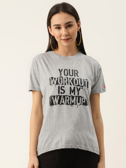 

PRINTOCTOPUS Women Grey Printed Pure Cotton Round Neck T-shirt