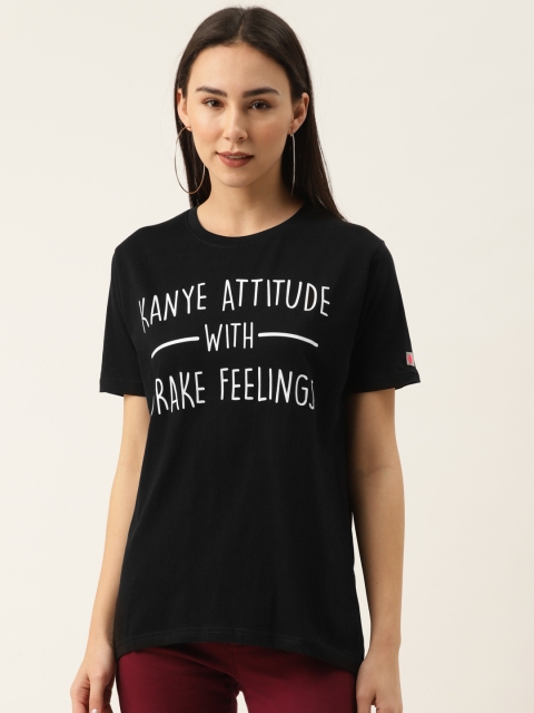 

PRINTOCTOPUS Women Black White Printed Round Neck Pure Cotton T-shirt