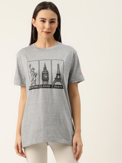 

PRINTOCTOPUS Women Grey Melange Black New York London Paris Printed Pure Cotton T-shirt