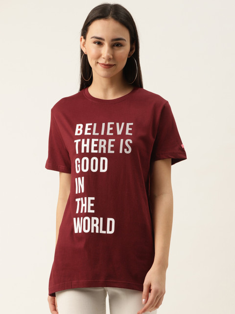 

PRINTOCTOPUS Women Maroon & White Printed Pure Cotton Round Neck T-shirt