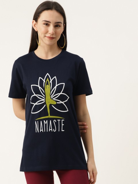 

PRINTOCTOPUS Women Navy Blue Printed Round Neck Pure Cotton T-shirt