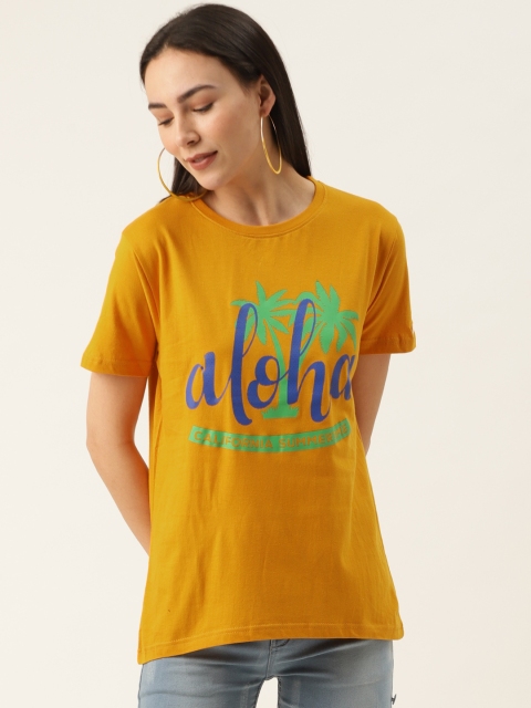 

PRINTOCTOPUS Women Mustard Yellow Blue Printed Round Neck Pure Cotton T-shirt