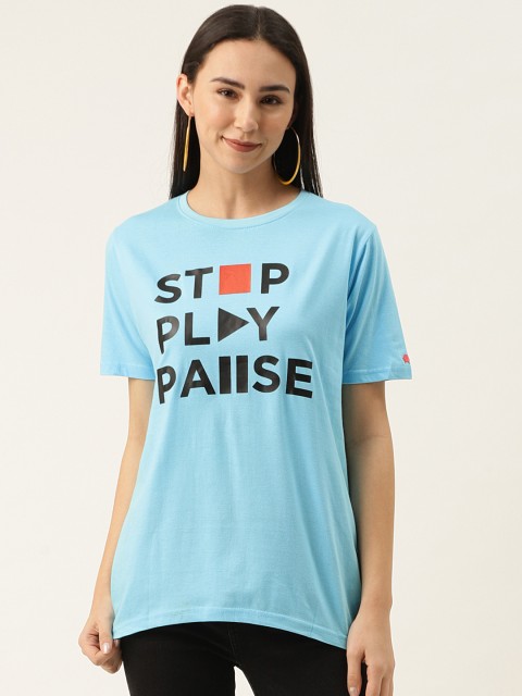 

PRINTOCTOPUS Women Blue & Black Pure Cotton Printed Round Neck T-shirt