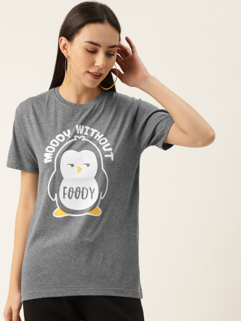 

PRINTOCTOPUS Women Charcoal Grey & White Pure Cotton Printed Round Neck T-shirt