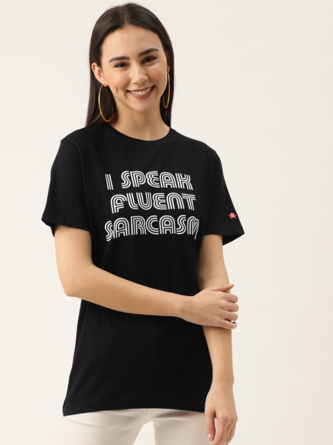 

PRINTOCTOPUS Women Black & White Printed Pure Cotton Round Neck T-shirt