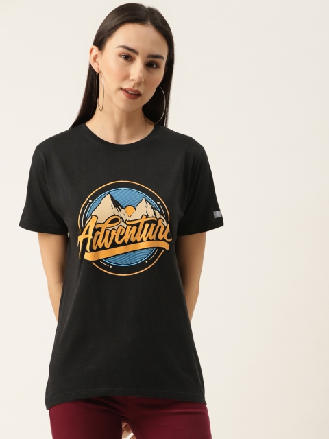 

PRINTOCTOPUS Women Black Printed Pure Cotton Round Neck T-shirt