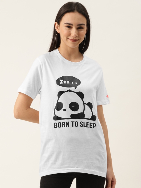 

PRINTOCTOPUS Women White Black Panda Printed Round Neck Pure Cotton T-shirt