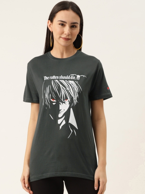 

PRINTOCTOPUS Women Charcoal Grey White Printed Round Neck Pure Cotton T-shirt