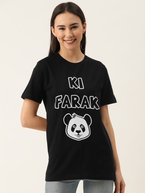 

PRINTOCTOPUS Women Black & White Printed Pure Cotton Round Neck T-shirt