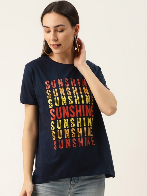 

PRINTOCTOPUS Women Navy Blue Printed Round Neck Pure Cotton T-shirt