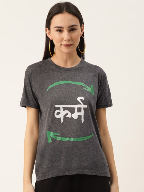 

PRINTOCTOPUS Women Charcoal Grey & White Printed Pure Cotton Round Neck T-shirt