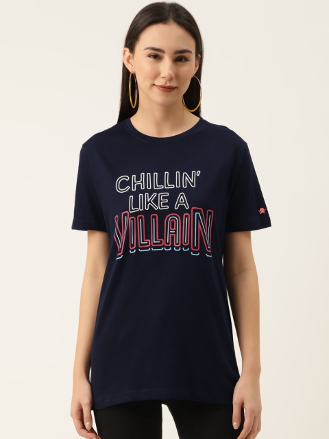 

PRINTOCTOPUS Women Navy Blue Printed Round Neck Pure Cotton T-shirt