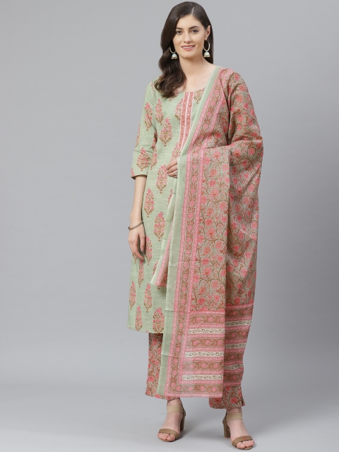 

AHIKA Women Green & Pink Printed Kurta with Trousers & Dupatta