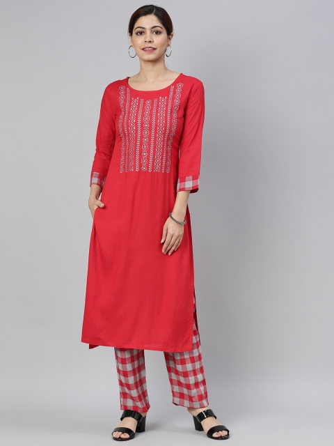

AHIKA Women Red & Grey Yoke Design Kurta with Trousers