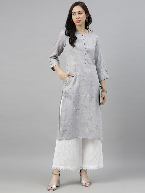 

AHIKA Women Grey & Blue Ethnic Motifs Printed Kurta