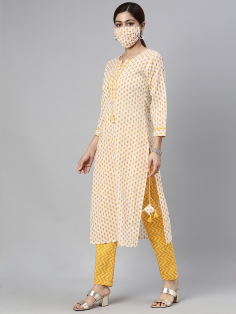 

AHIKA Women Off-White & Mustard Yellow Printed Kurta with Pyjamas