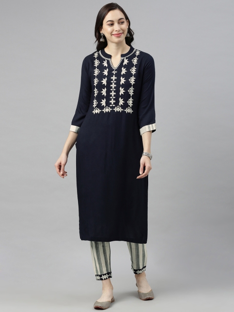 

AHIKA Women Navy Blue & Beige Embroidered Kurta with Trousers