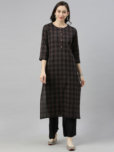 

AHIKA Women Coffee Brown & Black Checked Kurta