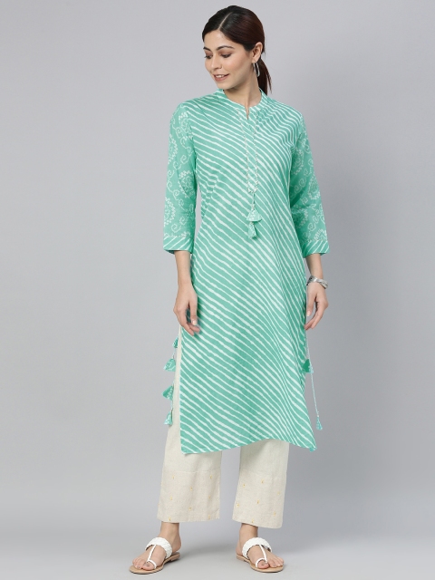 

AHIKA Women Blue & White Leheriya Printed Kurta with Tassel Details