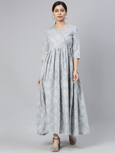 

AHIKA Women Grey Bandhani Printed Mirror Work Angrakha Kurta