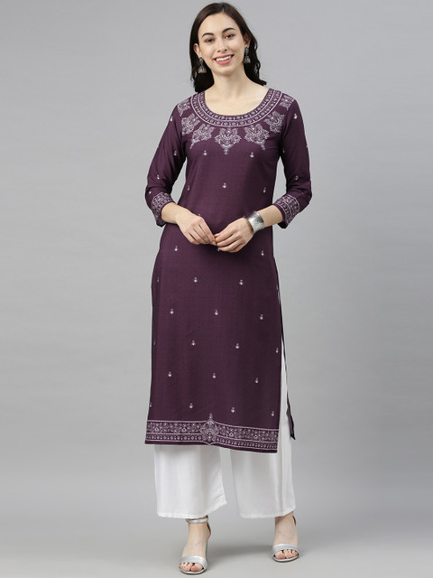 

AHIKA Women Burgundy & White Ethnic Motifs Printed Kurta