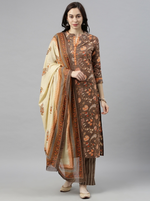 

AHIKA Women Brown & Beige Printed Kurta with Trousers & Dupatta