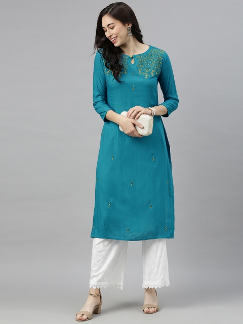 

AHIKA Women Teal Blue Floral Embroidered Keyhole Neck Thread Work Kurta