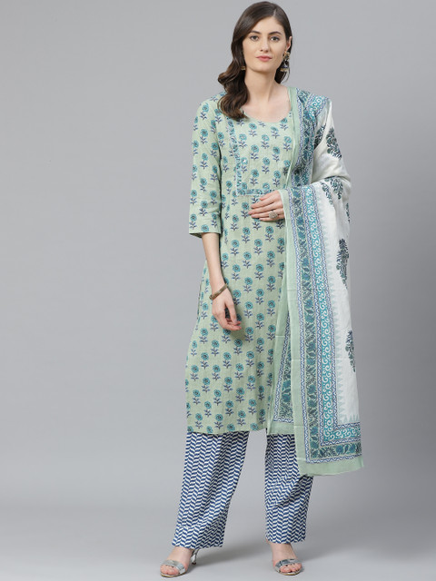 

AHIKA Women Green & Blue Printed Kurta with Trousers & Dupatta
