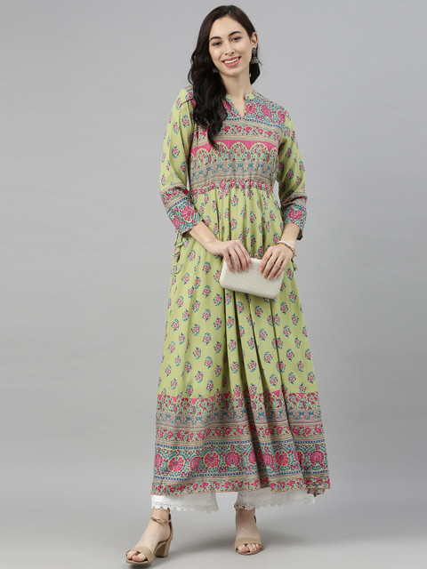 

AHIKA Women Green & Pink Ethnic Motifs Printed Kurta