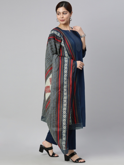 

AHIKA Women Navy Blue & White Striped Kurta with Pyjamas & Dupatta