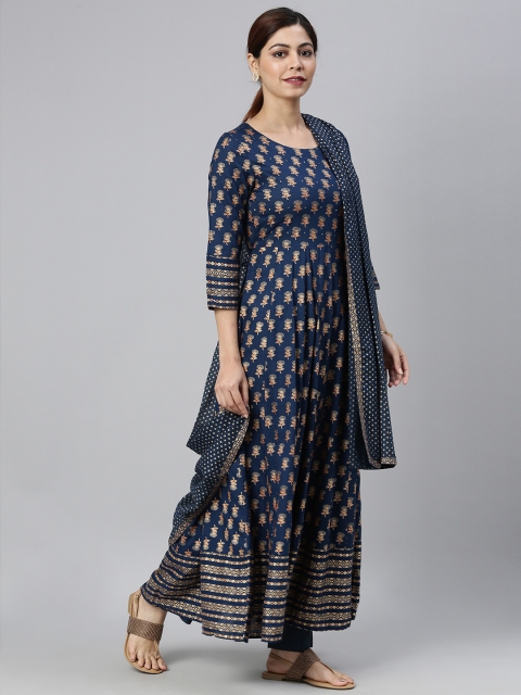 

AHIKA Women Navy Blue & Beige Printed Kurta with Trousers & Dupatta