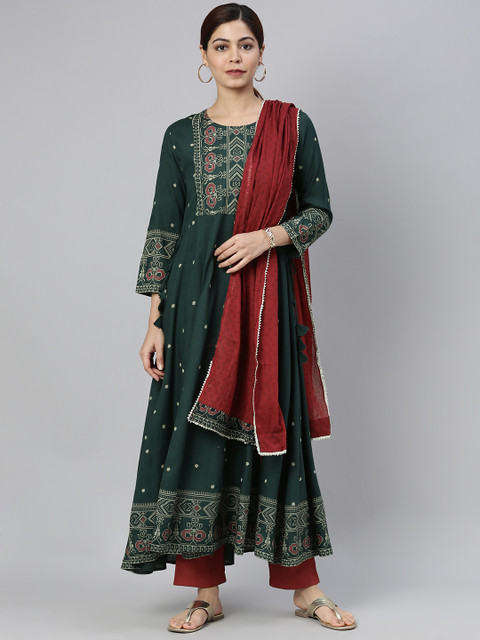 

AHIKA Women Teal Green & Beige Geometric Printed Kurta with Dupatta