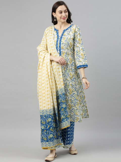 

AHIKA Women Yellow & Blue Printed Kurta with Palazzos & Dupatta