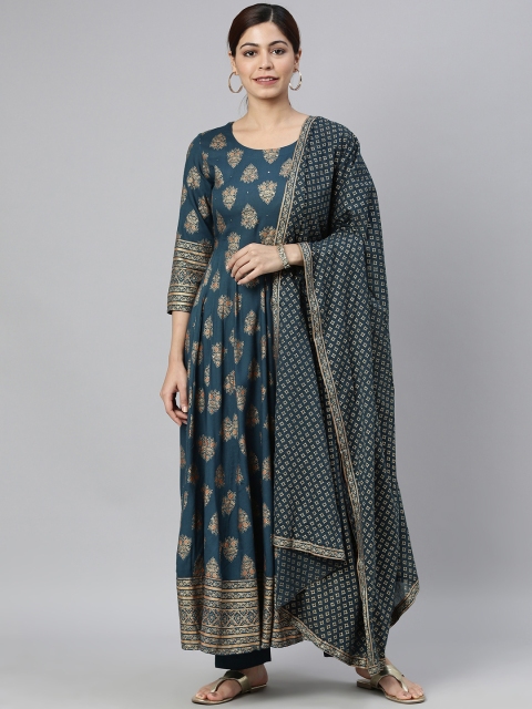 

AHIKA Women Teal Blue & Gold-Coloured Printed Kurta with Trousers & Dupatta