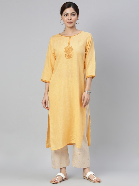 

AHIKA Women Mustard Yellow & Cream-Coloured Yoke Design Kurta with Pyjamas