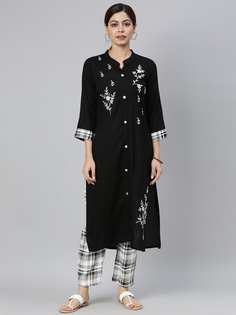 

AHIKA Women Black & White Embroidered Kurta with Trousers