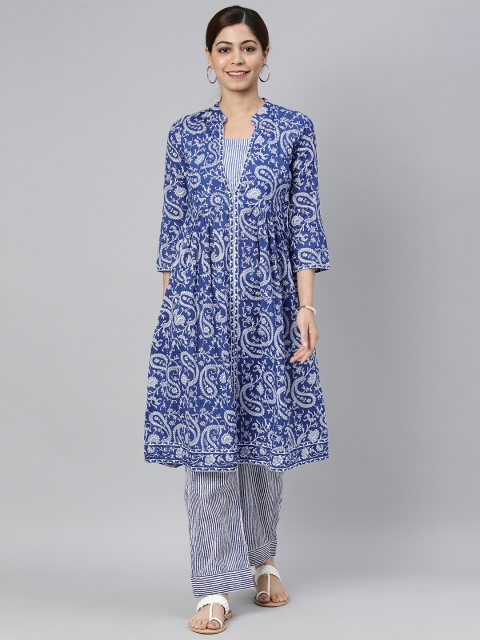 

AHIKA Women Blue & White Printed Pleated A-Line Kurta with Palazzos