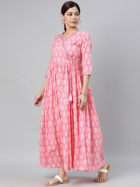 

AHIKA Women Pink & White Printed Empire Kurta with Mirror Work Detail