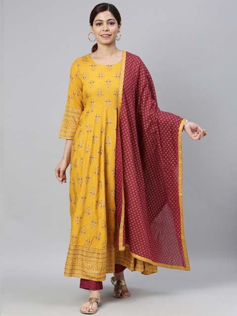 

AHIKA Women Yellow & Maroon Printed Kurta with Trousers & Dupatta