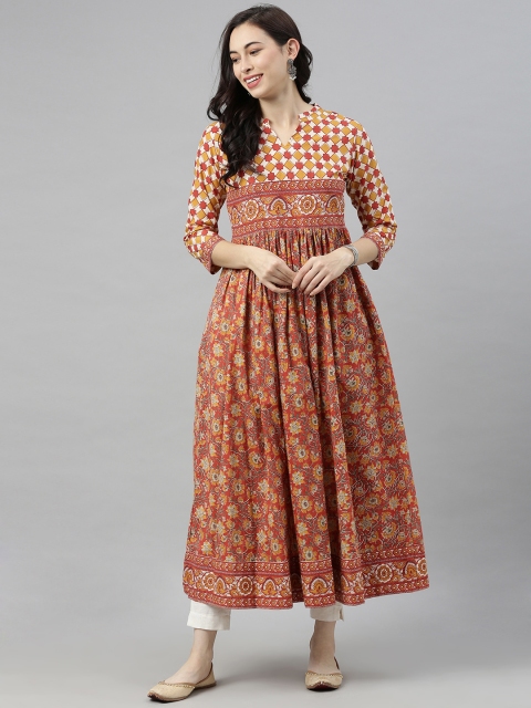 

AHIKA Women Mustard Yellow & Rust Red Floral Printed Kurta