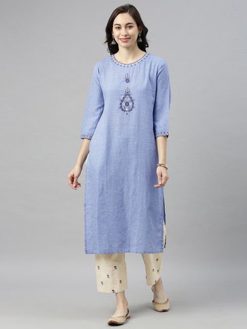 

AHIKA Women Blue & Off-White Embroidered Kurta with Trousers