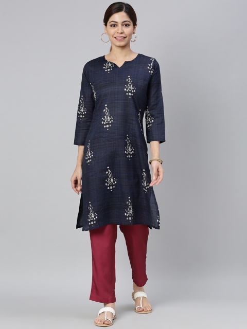 

AHIKA Women Navy Blue & Off White Ethnic Motifs Printed Kurta