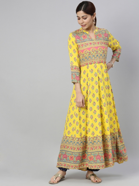 

AHIKA Women Yellow & Pink Floral Printed Kurta