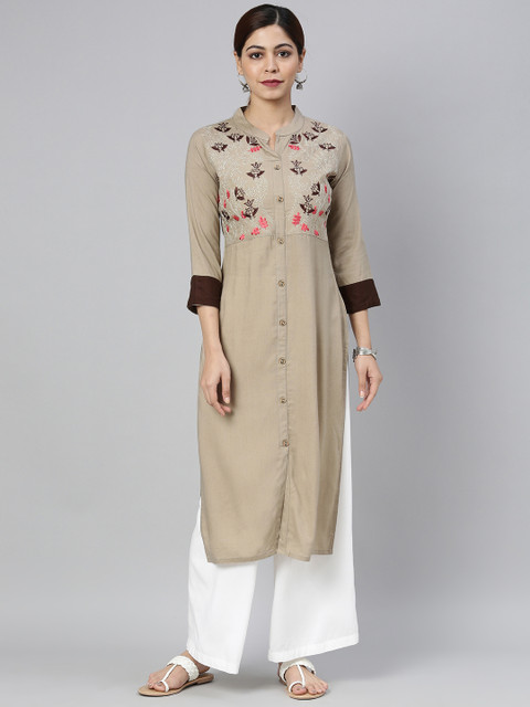 

AHIKA Women Beige Ethnic Motifs Embroidered Thread Work Kurta