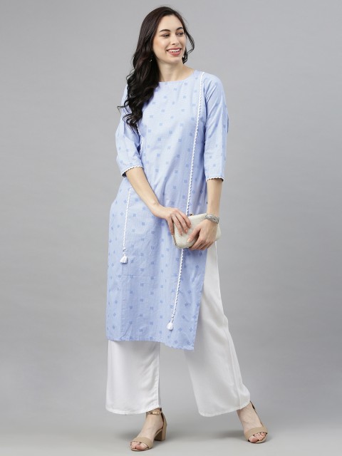 

AHIKA Women Blue & White Checked Kurta with Lace Detail