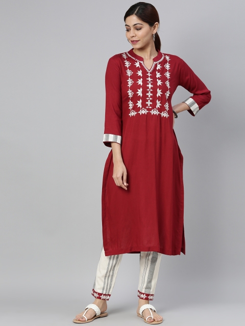 

AHIKA Women Maroon & Off-White Yoke Design Kurta with Trousers